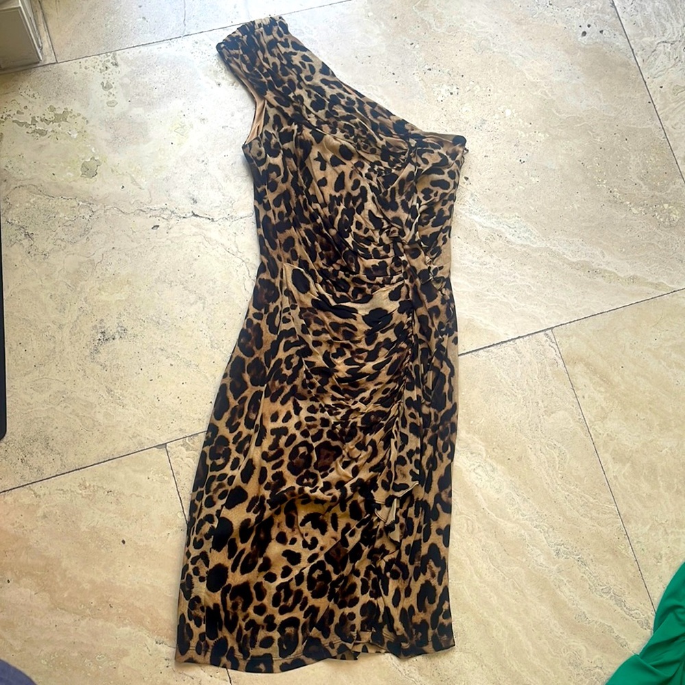 One shoulder leopard print David Meister cocktail dress-ruffle on side .size 4 .